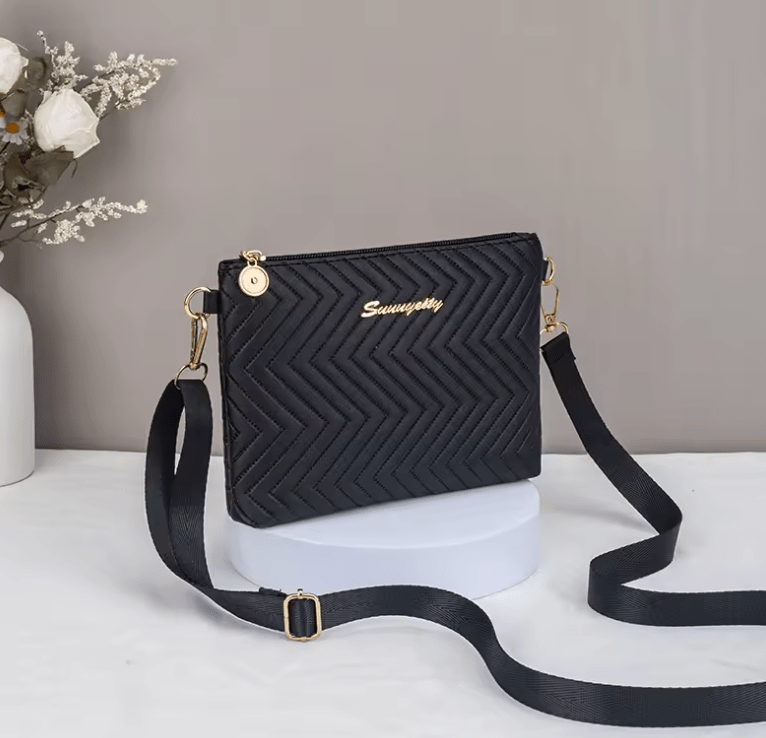 Women’s Herringbone Pattern S-Shaped Shoulder Bag – Solid Color Vertical Makeup Bag & Water Ripple Crossbody