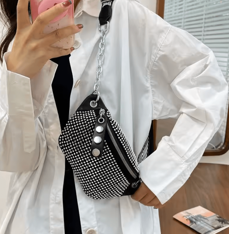 Women’s Brand Diamond Waist Bag – Chain Fanny Pack & Phone Pouch, Fashion PU Shoulder, Crossbody, Chest & Hip Belt Bag