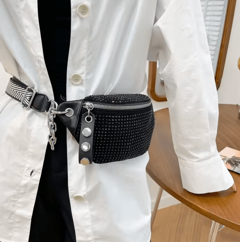 Women’s Brand Diamond Waist Bag – Chain Fanny Pack & Phone Pouch, Fashion PU Shoulder, Crossbody, Chest & Hip Belt Bag