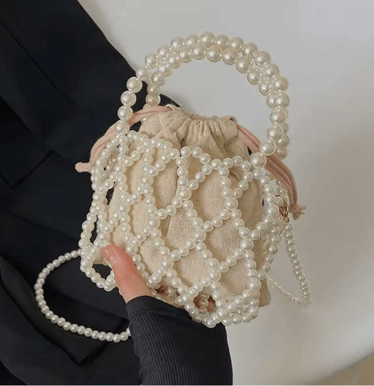 Women’s French Retro Woven Beaded Bucket Bag – Hollowed-Out Pearl Crossbody, Summer Niche Design Handbag