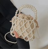 Women’s French Retro Woven Beaded Bucket Bag – Hollowed-Out Pearl Crossbody, Summer Niche Design Handbag