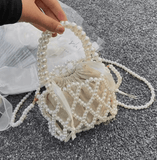 Women’s French Retro Woven Beaded Bucket Bag – Hollowed-Out Pearl Crossbody, Summer Niche Design Handbag
