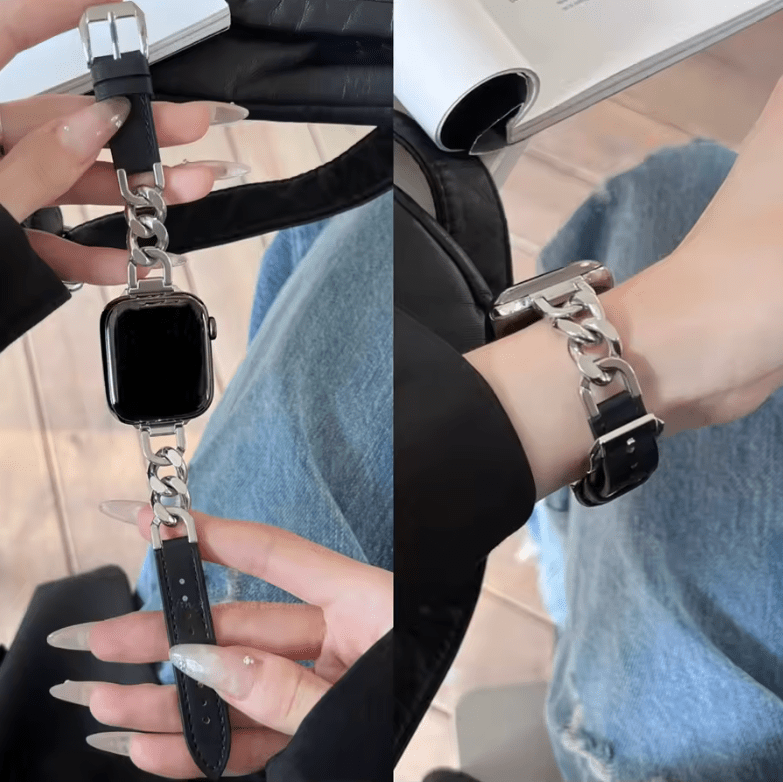 Women’s Slim Leather Apple Watch Band – Elegant Metal Link Thin Strap, Correa for iWatch