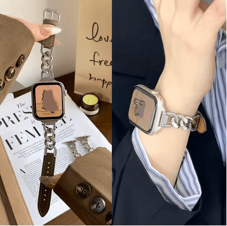 Women’s Slim Leather Apple Watch Band – Elegant Metal Link Thin Strap, Correa for iWatch