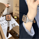 Women’s Slim Leather Apple Watch Band – Elegant Metal Link Thin Strap, Correa for iWatch
