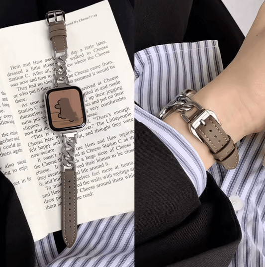 Women’s Slim Leather Apple Watch Band – Elegant Metal Link Thin Strap, Correa for iWatch