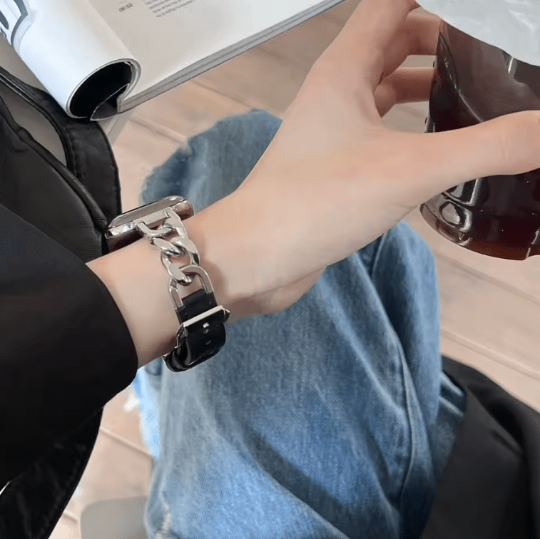 Women’s Slim Leather Apple Watch Band – Elegant Metal Link Thin Strap, Correa for iWatch
