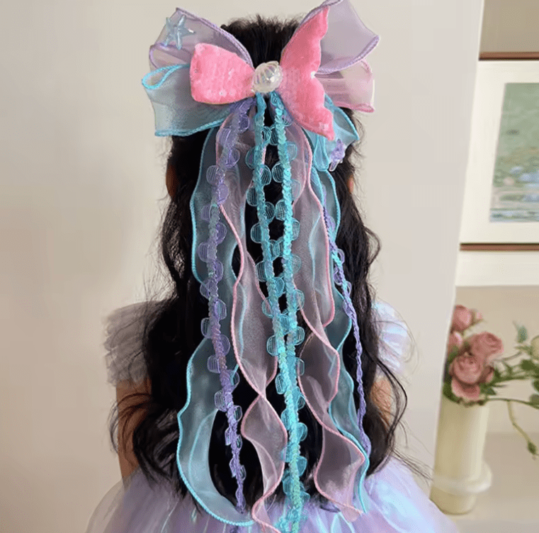 2PCS Mermaid Headwear, Children's Princess Bow, Hairpin, Girls' Floating Yarn, Braided Hair Clip Mermaid Maiden Hair Accessory