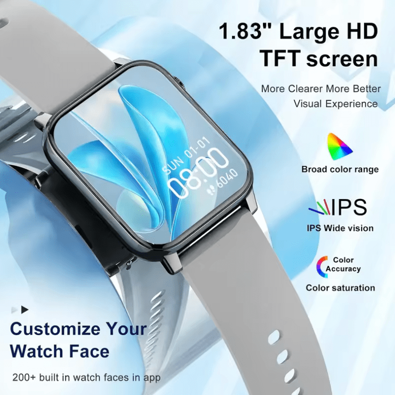 Smartwatch, custom wallpaper, call/message alerts, wireless calling, unisex sports watch, for Android and iPhone