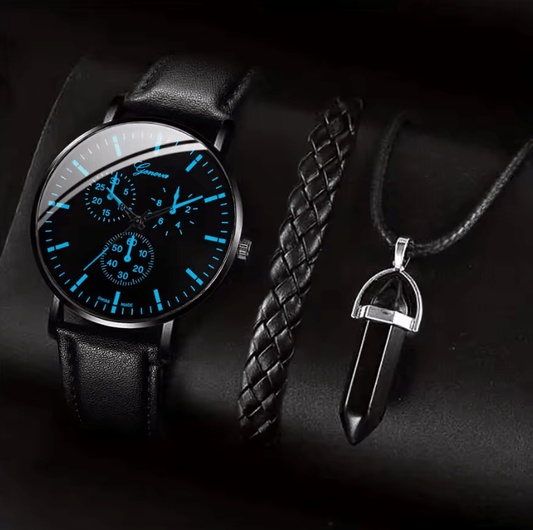 Men's Business Quartz Watch Set with Bracelet & Necklace