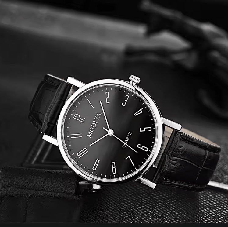 Men's Quartz Watch & PU Leather Bracelets Set (5-Piece)