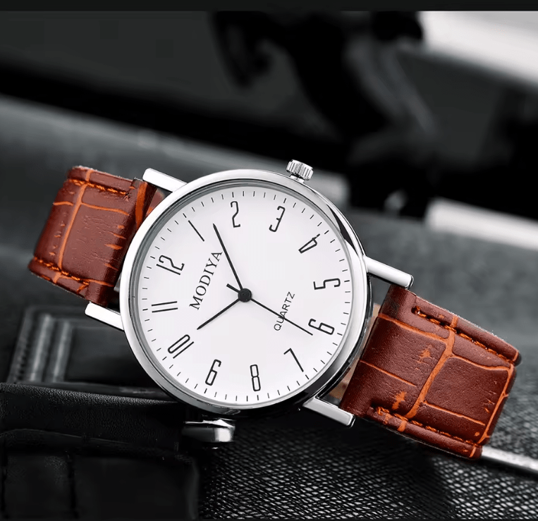 Men's Quartz Watch & PU Leather Bracelets Set (5-Piece)