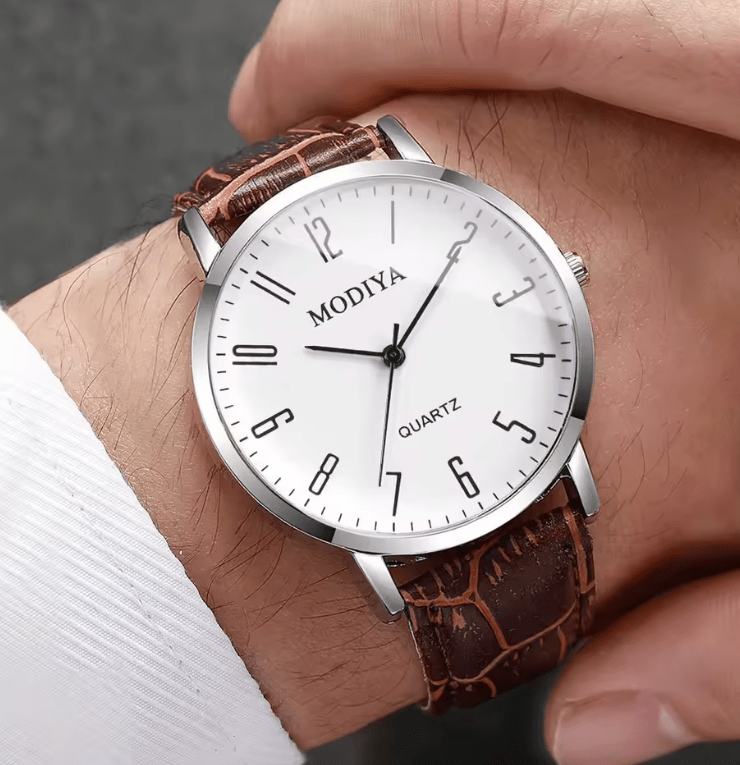Men's Arabic Dial Quartz Watch Set (3-Pack) with Leather Straps