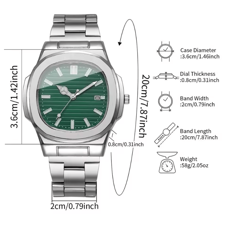 Men's Square Business Watch Set – Stainless Steel Quartz