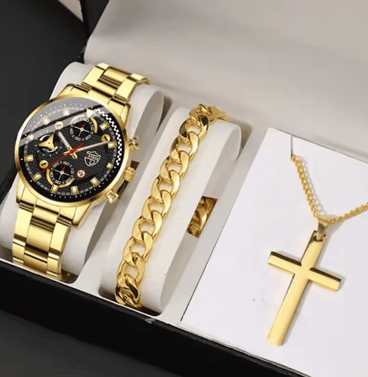 Deyros 3-Piece Men’s Quartz Watch Set with Bracelet & Necklace