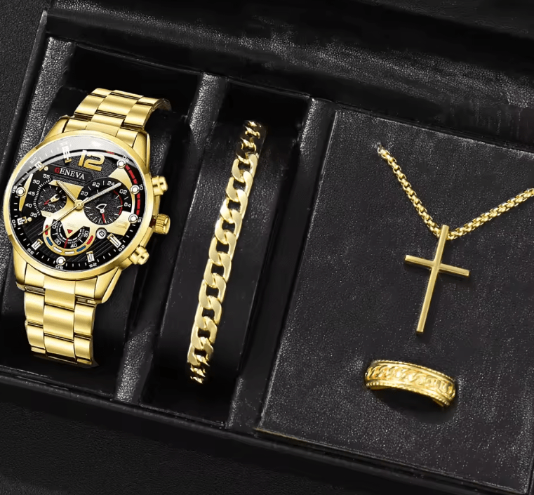 Men's Stainless Steel Calendar Quartz Watch & Jewelry Set (4pcs)