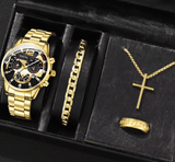 Men's Stainless Steel Calendar Quartz Watch & Jewelry Set (4pcs)