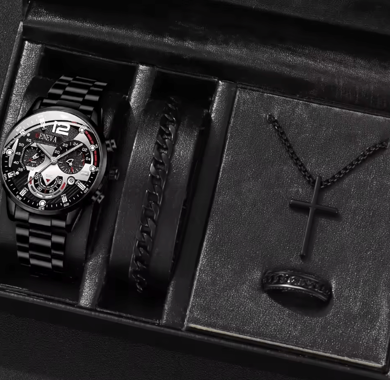 Men's Stainless Steel Calendar Quartz Watch & Jewelry Set (4pcs)