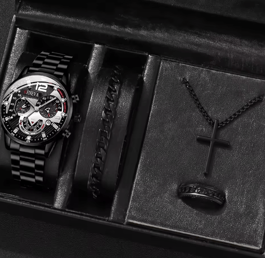 Men's Stainless Steel Calendar Quartz Watch & Jewelry Set (4pcs)