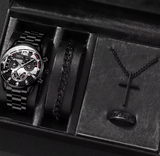 Men's Stainless Steel Calendar Quartz Watch & Jewelry Set (4pcs)