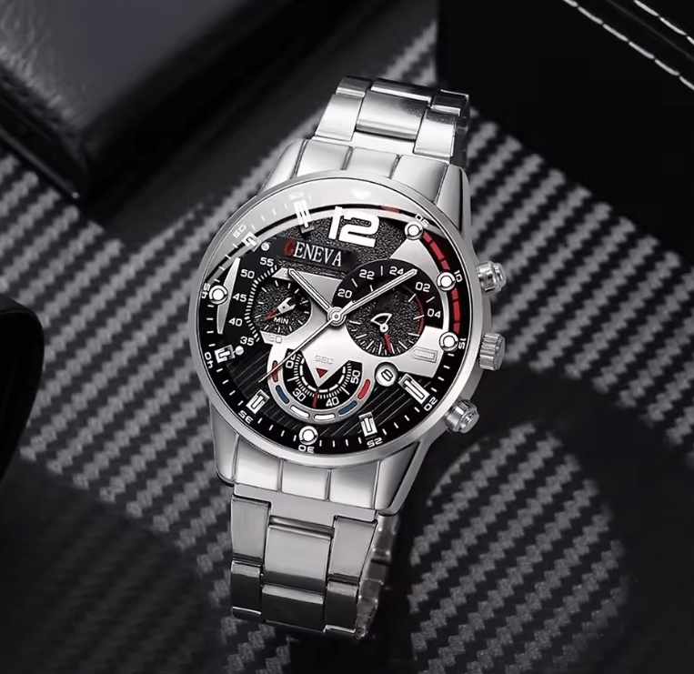 Men's Stainless Steel Calendar Quartz Watch & Jewelry Set (4pcs)