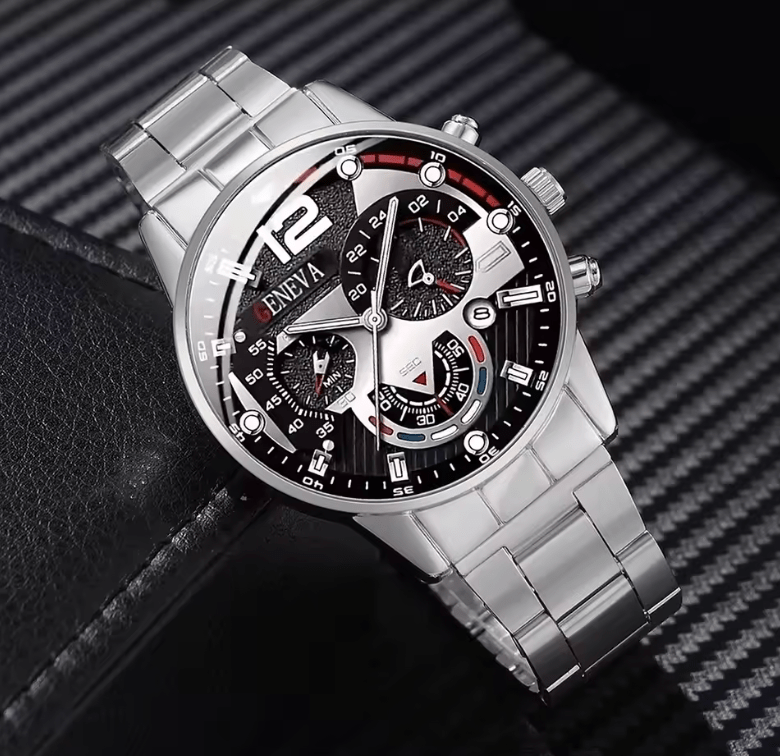Men's Stainless Steel Calendar Quartz Watch & Jewelry Set (4pcs)