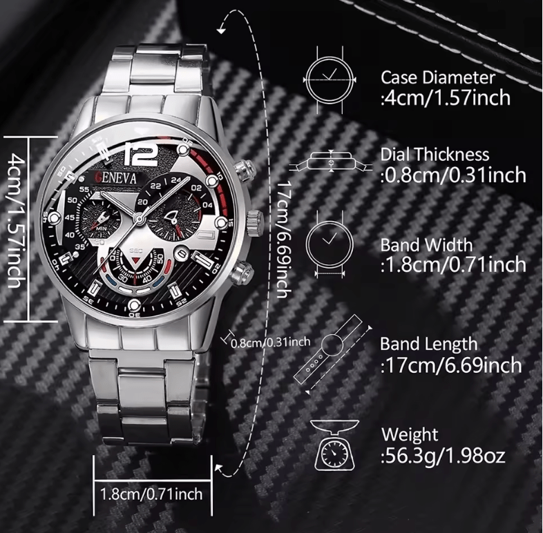 Men's Stainless Steel Calendar Quartz Watch & Jewelry Set (4pcs)