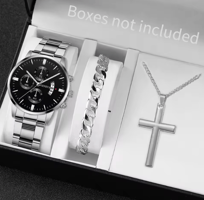Men’s Stainless Steel Quartz Watch Set with Calendar (3pcs)