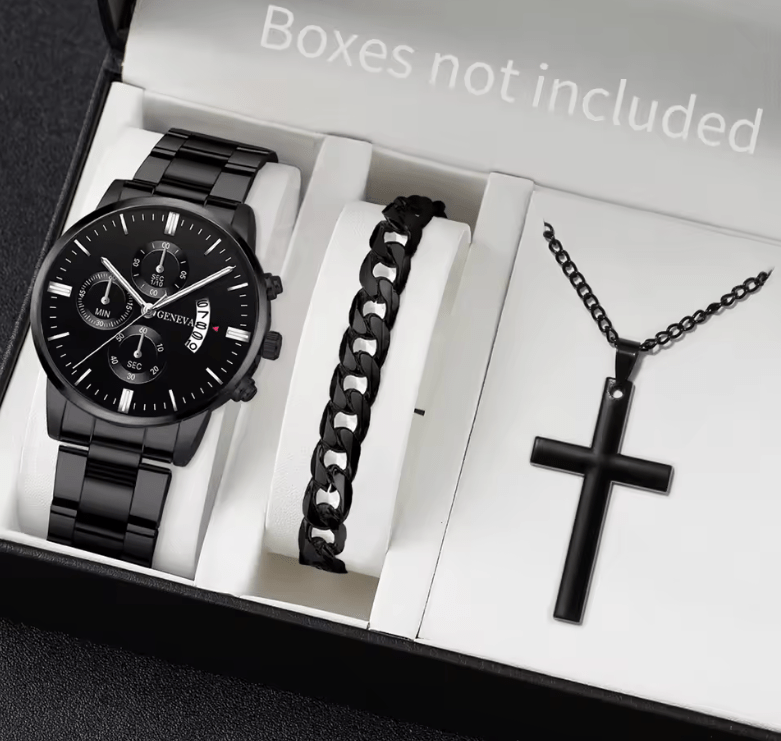 Men’s Stainless Steel Quartz Watch Set with Calendar (3pcs)