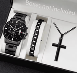 Men’s Stainless Steel Quartz Watch Set with Calendar (3pcs)