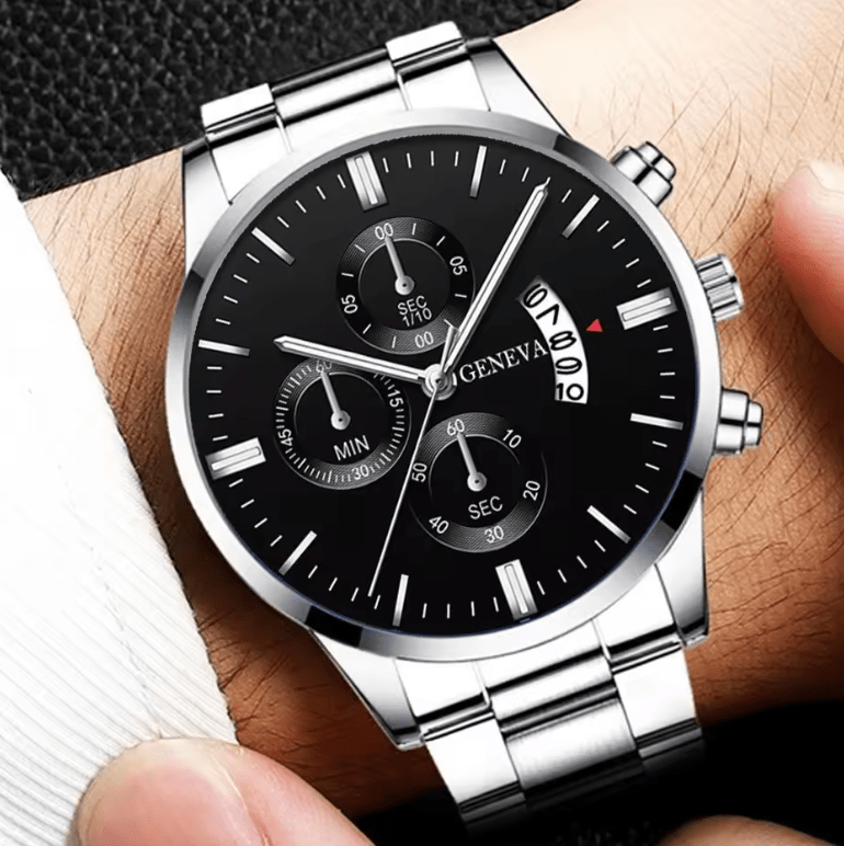 Men’s Stainless Steel Quartz Watch Set with Calendar (3pcs)