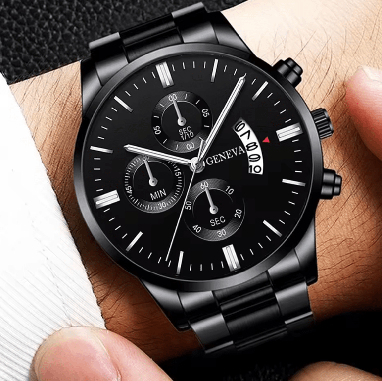 Men’s Stainless Steel Quartz Watch Set with Calendar (3pcs)