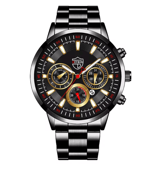 Men's Black Stainless Steel Quartz Watch Set – Business & Casual