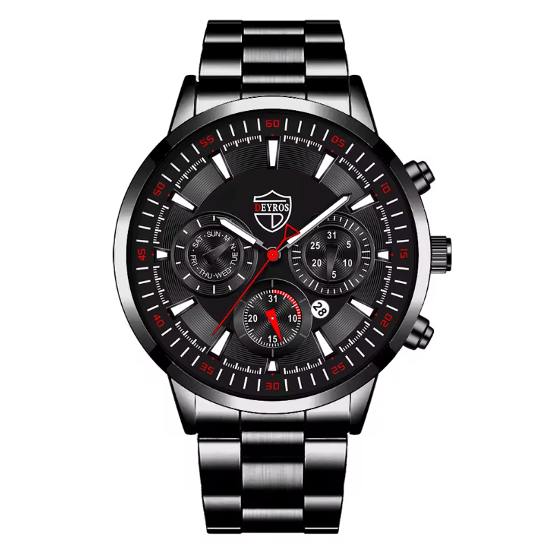 Men's Black Stainless Steel Quartz Watch Set – Business & Casual