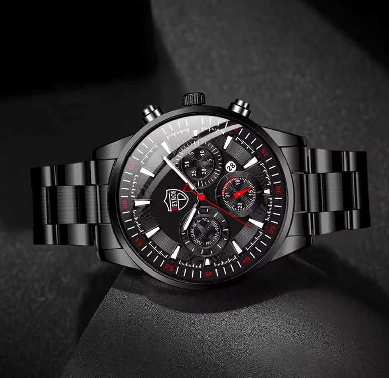 Men's Black Stainless Steel Quartz Watch Set – Business & Casual