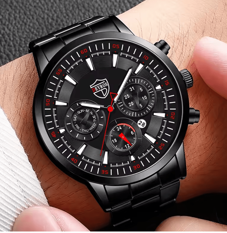 Men's Black Stainless Steel Quartz Watch Set – Business & Casual