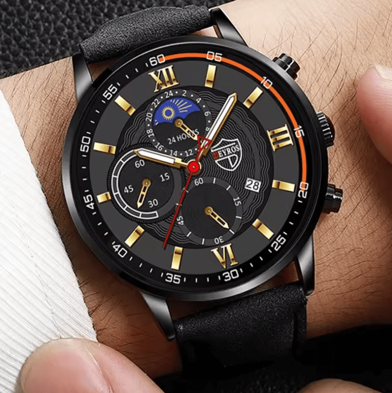 Men's Quartz Watch & Leather Bracelet Set – Luminous