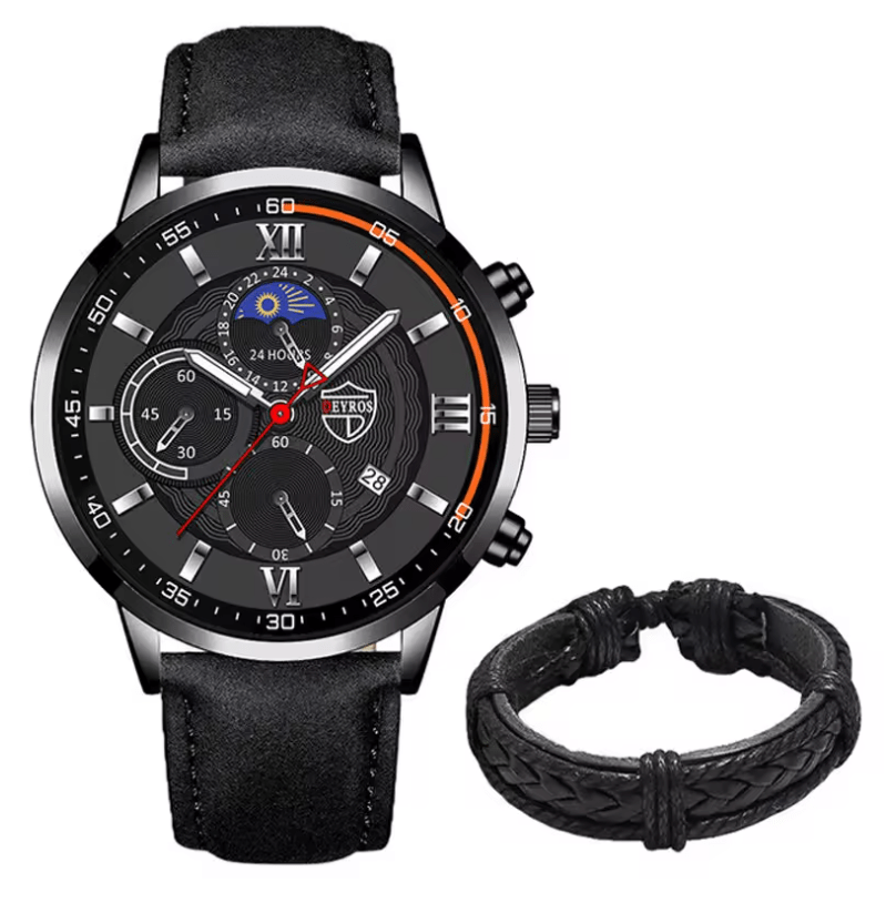 Men's Quartz Watch & Leather Bracelet Set – Luminous