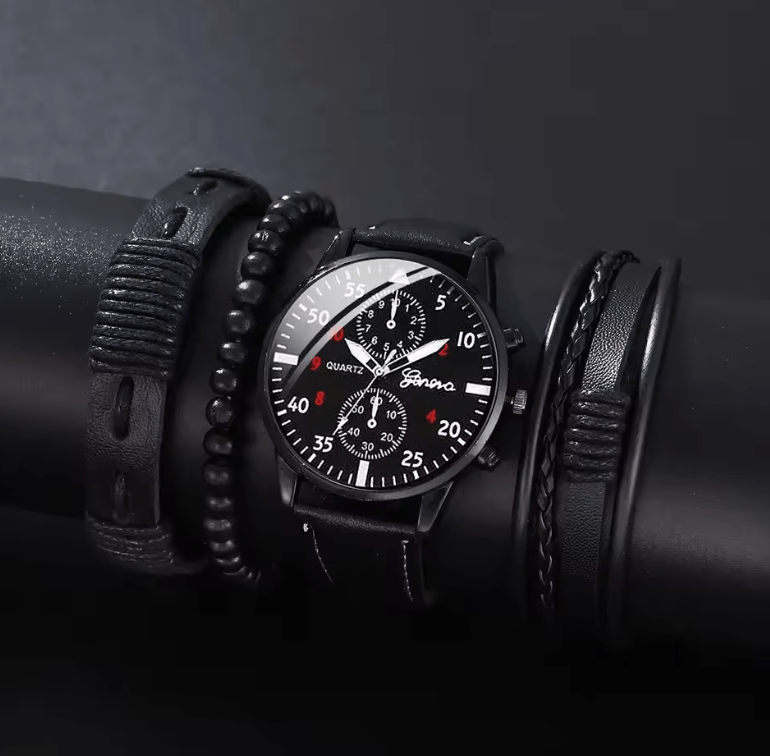 Men's Quartz Watch Set with Brown Leather Strap