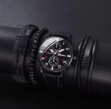 Men's Quartz Watch Set with Brown Leather Strap