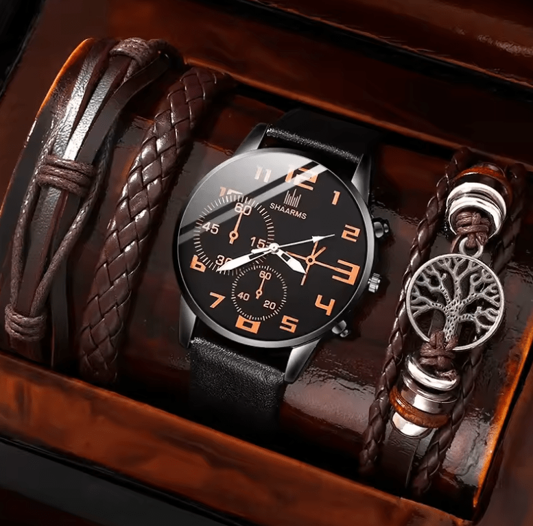 Men's Retro Quartz Watch Set (5pcs) - Big Dial, Casual Sports