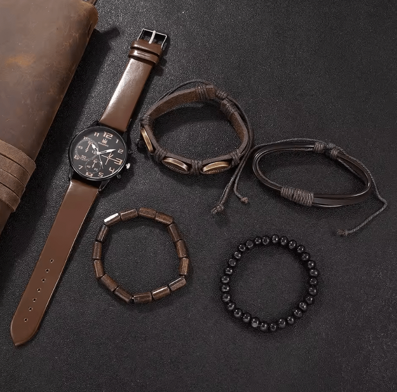 Men's Retro Quartz Watch Set (5pcs) - Big Dial, Casual Sports