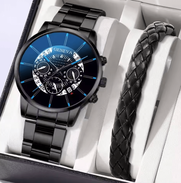 Men's Business Analog Quartz Watch & Leather Bracelet Set