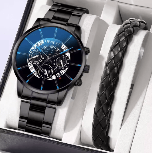 Men's Business Analog Quartz Watch & Leather Bracelet Set