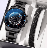 Men's Business Analog Quartz Watch & Leather Bracelet Set