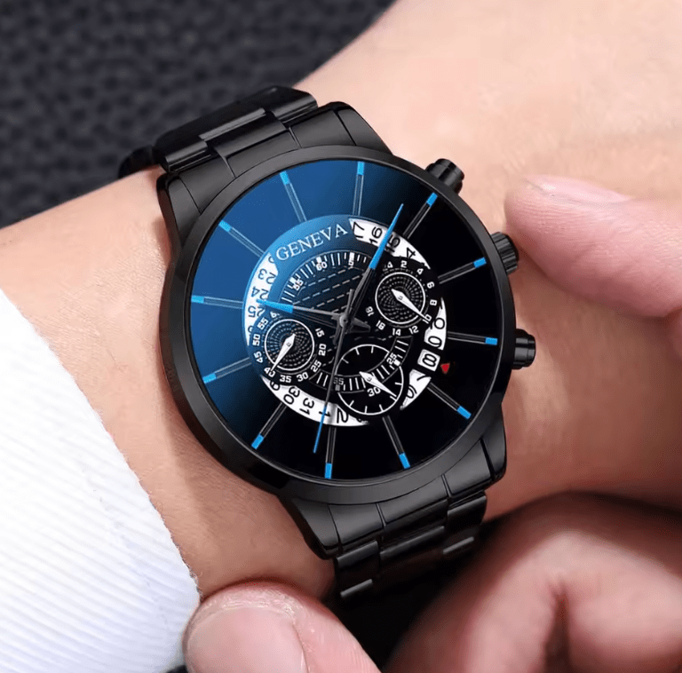 Men's Business Analog Quartz Watch & Leather Bracelet Set