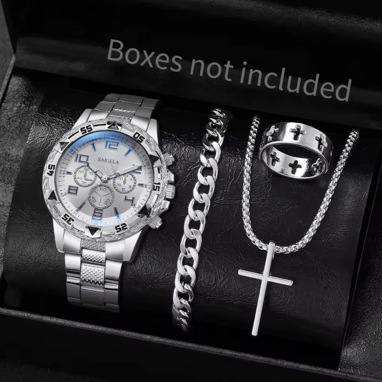 Men's 4-Piece Watch Set - Luxury Quartz, Business & Casual