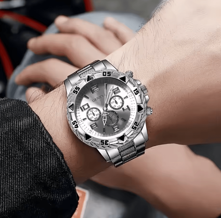 Men's Business Quartz Watch Set – Arabic Dial, Steel Band (2pcs)