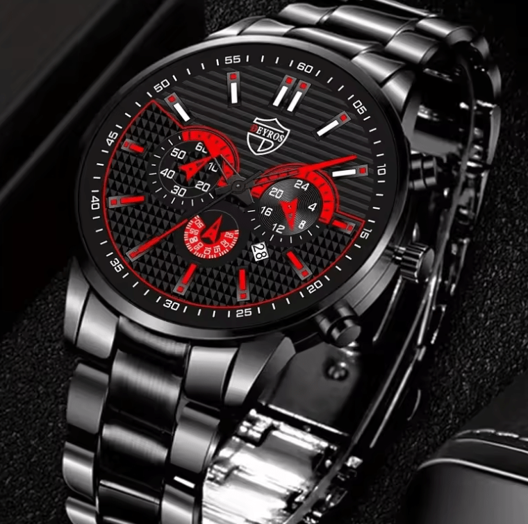 Men's Quartz Watch & Necklace 3-Piece Set