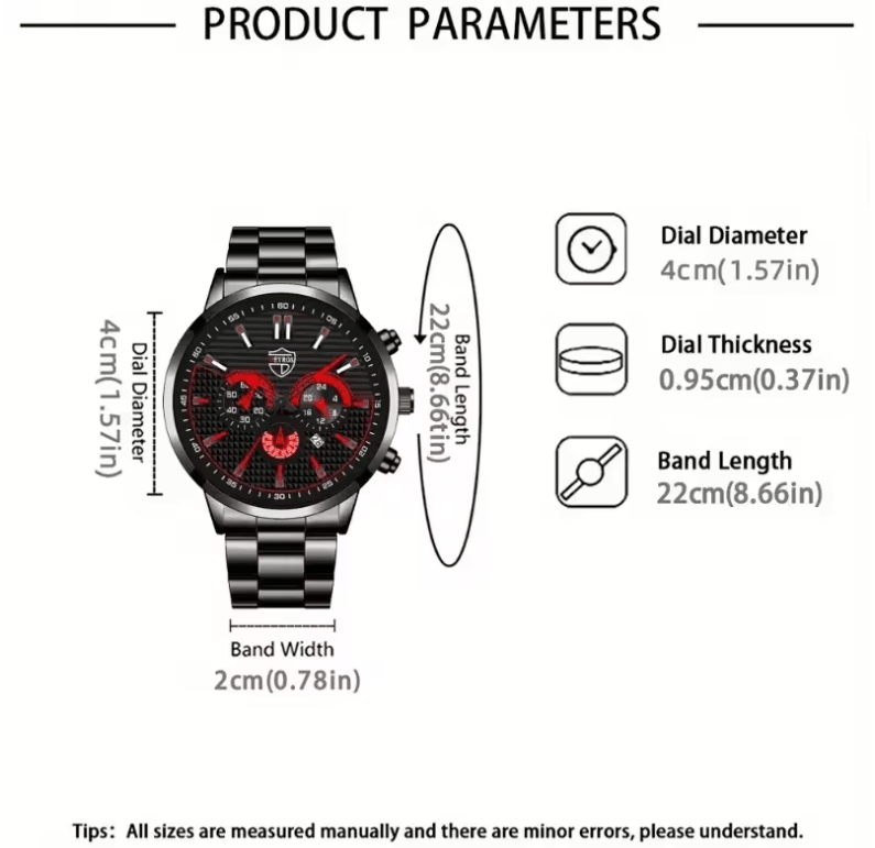 Men's Quartz Watch & Necklace 3-Piece Set